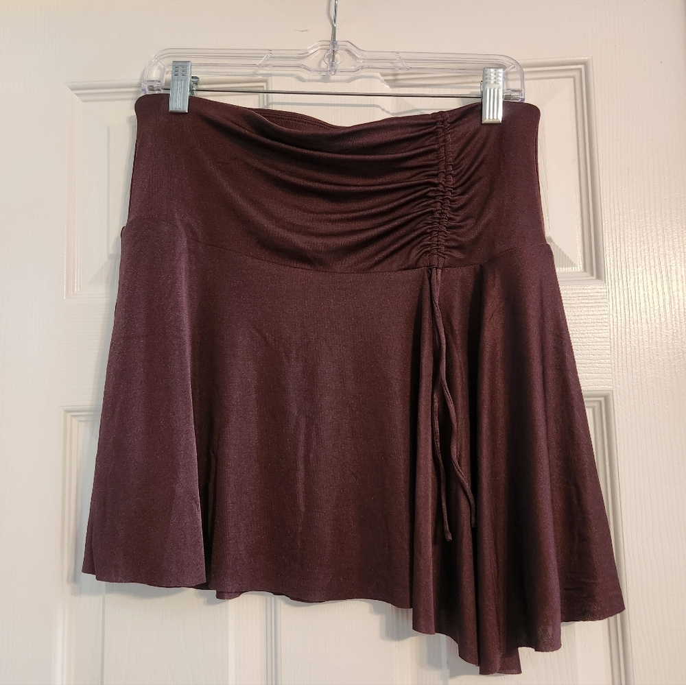 Free People Who's That Side Ruched Slinky Asymmetric Mini Skirt Chocolate Brown